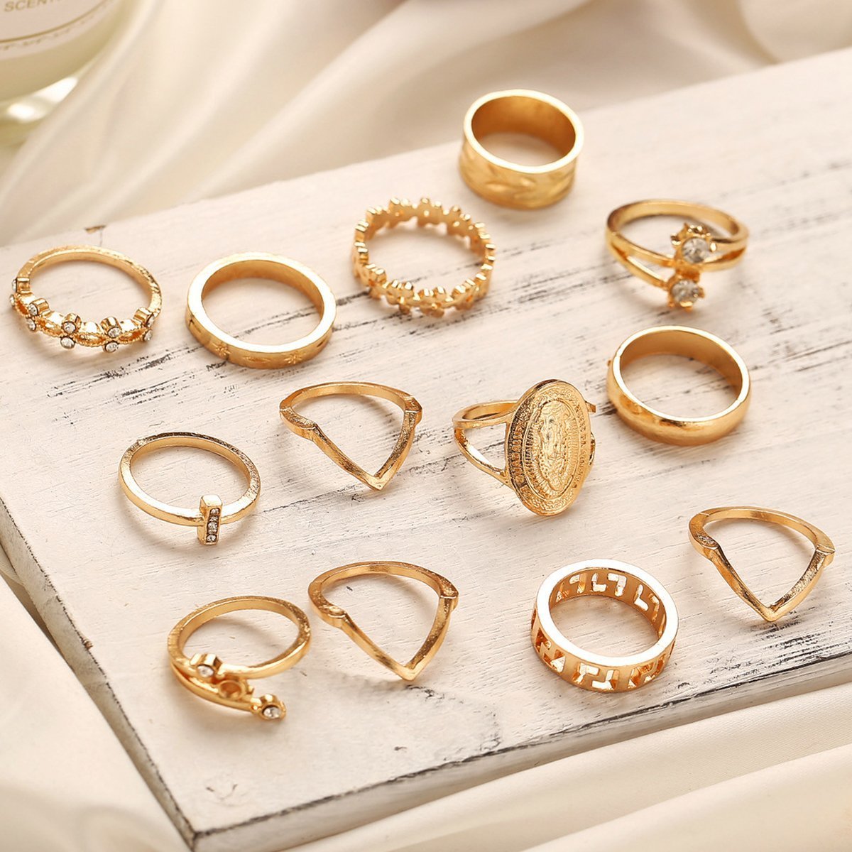 PLAYTED | 13 Piece Medallion Ring Set With Austrian Crystals | 18K Gold Plated