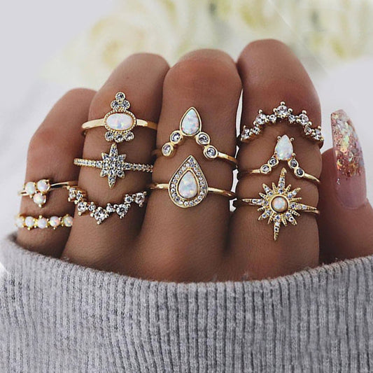 PLAYTED | 10 Piece Opal Created Ring Set With Crystals | 18K Gold Plated | Designed in Italy